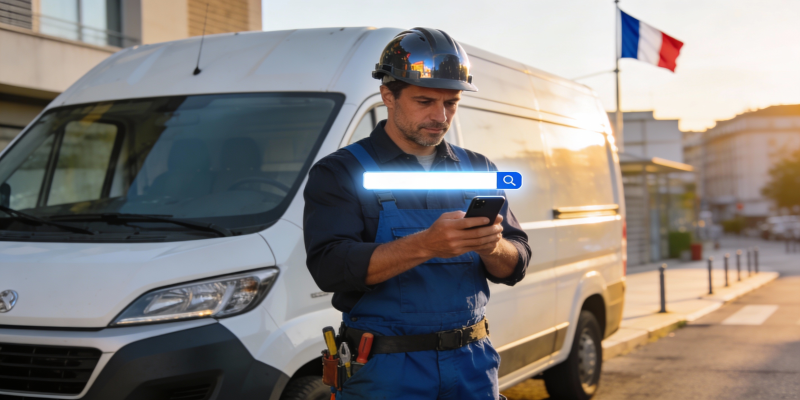 Artisan français utilisant un moteur de recherche open source sur son smartphone pour gérer ses documents d'entreprise