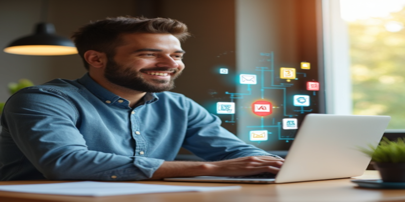 Utilisateur de pc montrant des fichiers et dossiers avec des icônes flottantes de tri automatique